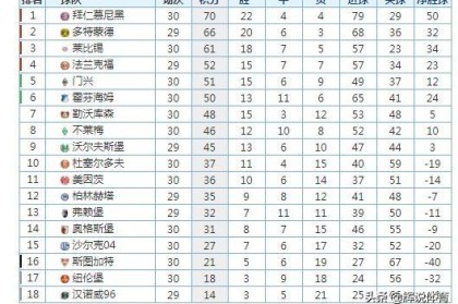  德甲半程积分榜出炉 拜仁领跑优势缩水  